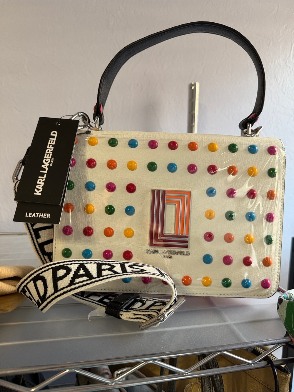 Karl Lagerfeld Simone White Leather Studded Multicolor Dot Shoulder Bag